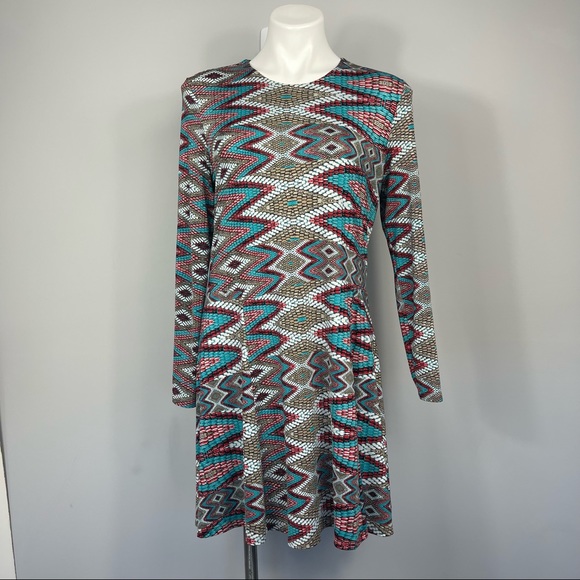 MISA Los Angeles Prism Print Slinky Swing Dress Long Sleeve Mosaic Southwestern - Picture 5 of 16